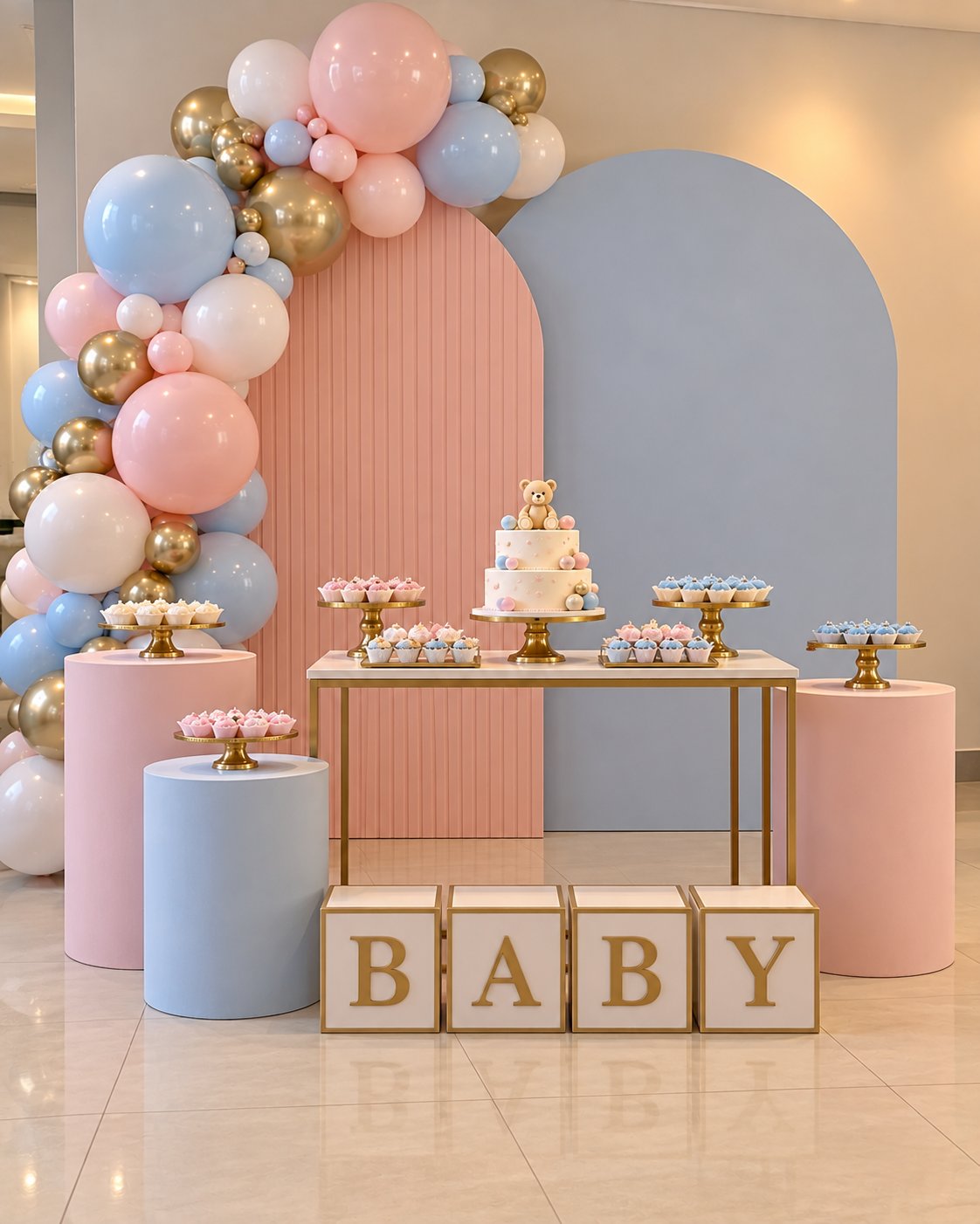 Mesa de bolos decorada com painéis arco e guirlanda de balões