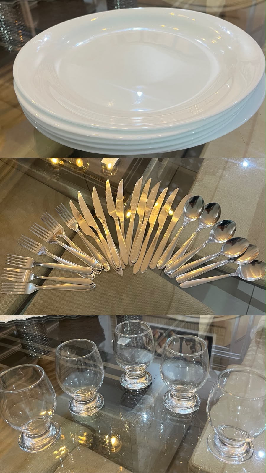 Louças brancas, talheres de inox e taças de vidro para eventos